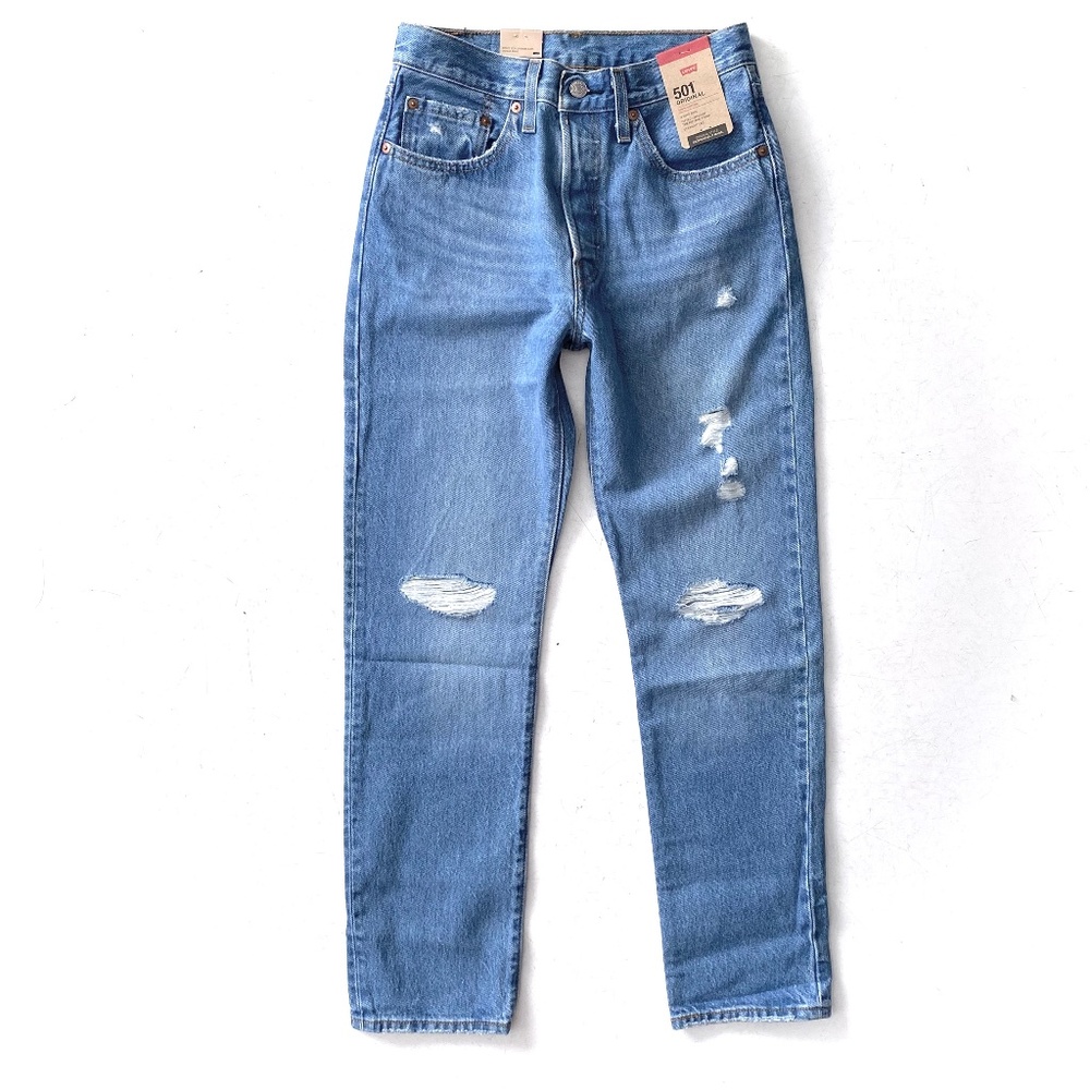 Levi's Blue Straight Leg Jeans with Distressed Details